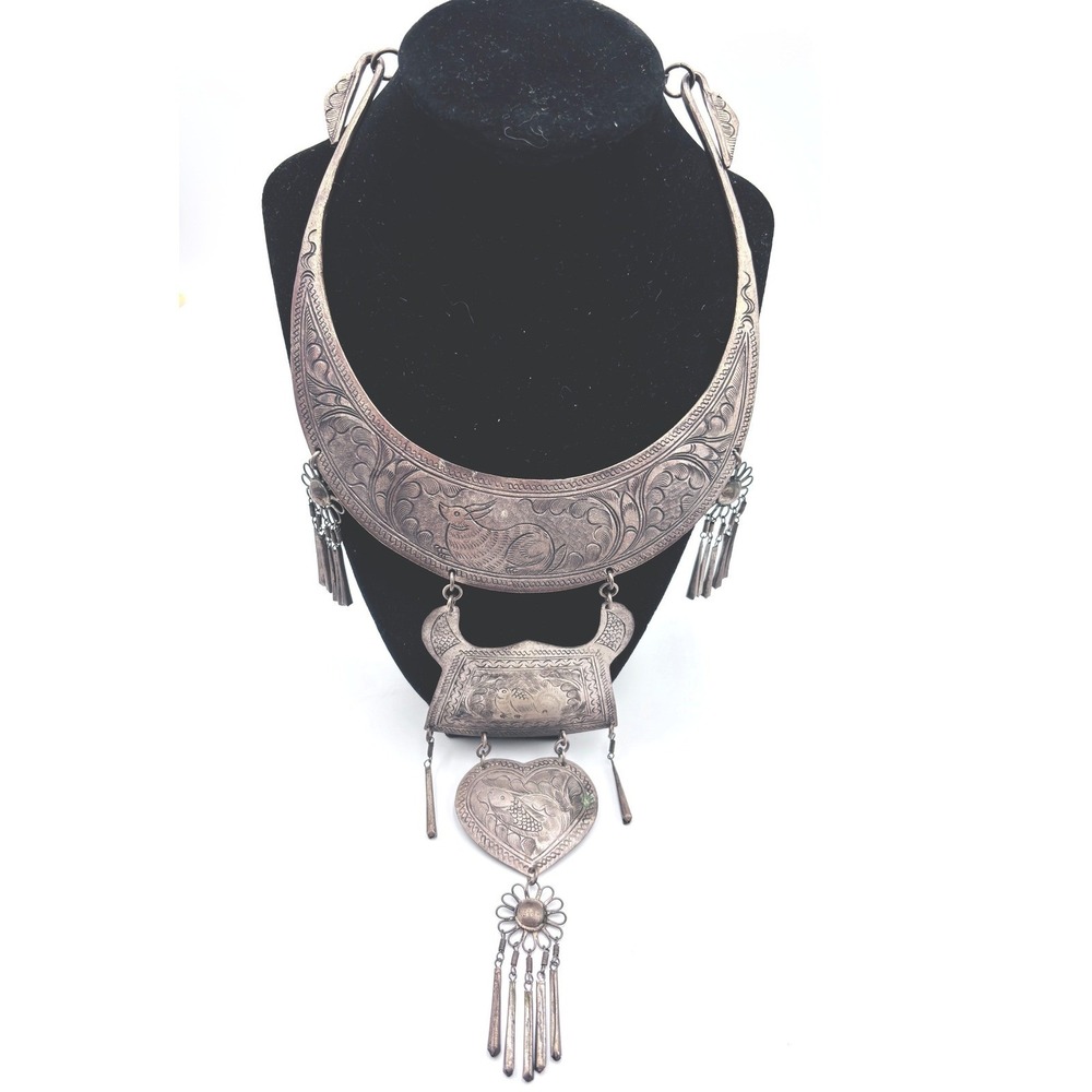 Vintage Ceremonial Hmong Miao Silver Tone Engraved Bird Heart Statement Necklace